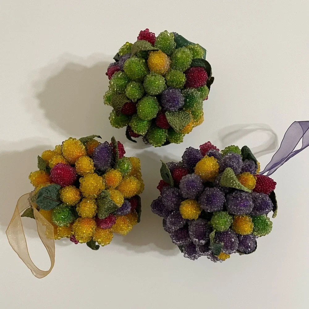 Vintage 90s Set/3 reproduction sugar glass bead fruit balls holiday decor